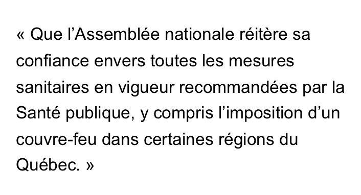 cdube2026's tweet image. La motion suivante a été adoptée à l’Assemblée nationale aujourd’hui. 

Content de voir que toutes les formations politiques appuient les mesures sanitaires en vigueur, dont celle du couvre-feu.