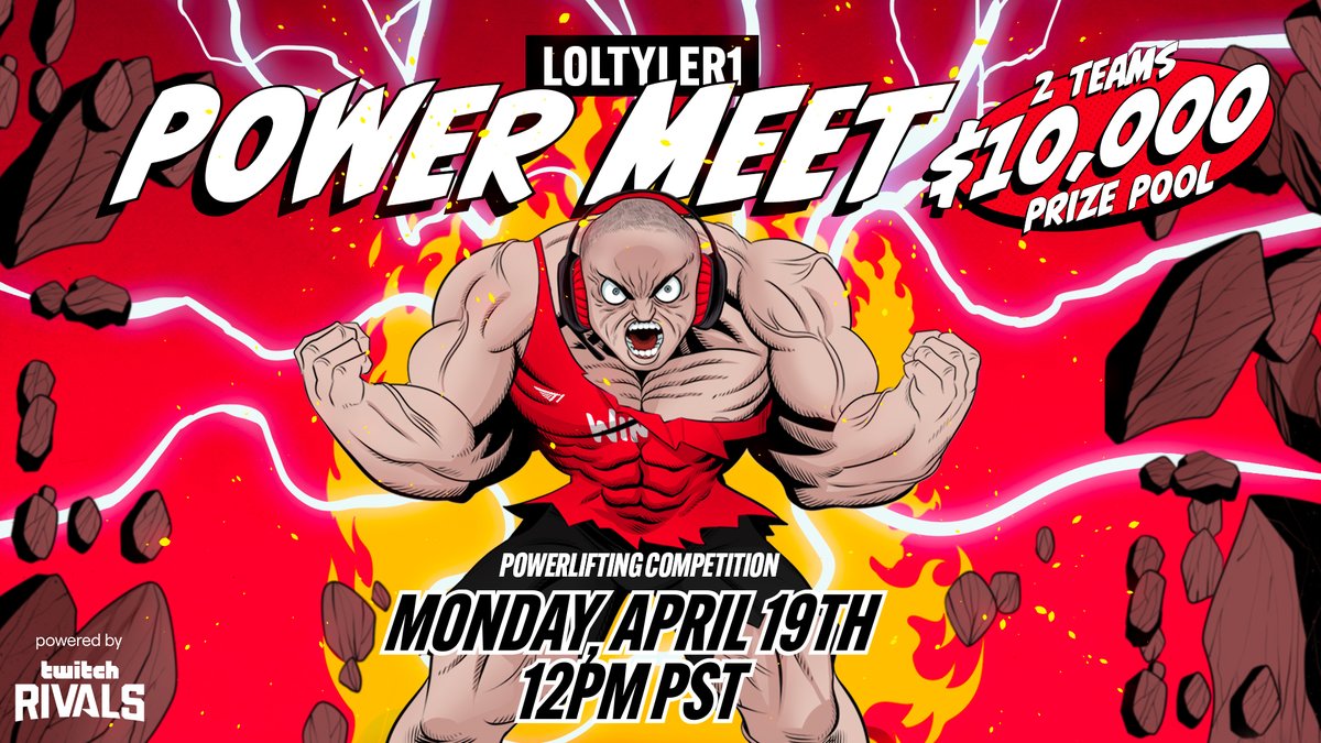 🏋️‍♂️Who's ready to lift!?🏋️‍♂️ Next week, two teams compete in a powerlifting competition to prove who's the best (and biggest) of the best. $10,000 is up for grabs in the @loltyler1 Power Meet, powered by @TwitchRivals! Tune in Monday, April 19, @ 12PM PDT: twitch.tv/loltyler1