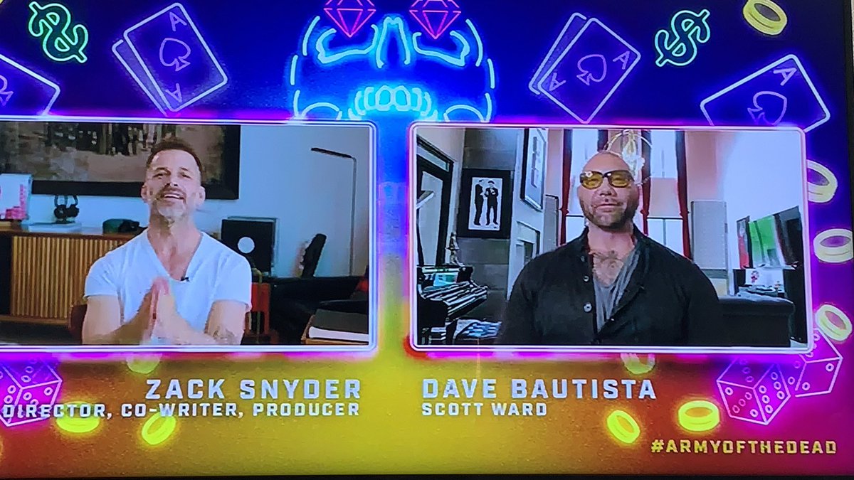 BottomsUp_Toby's tweet photo. From the #armyofthedead trailer premier this morning! Was a lot of fun to watch with some great insights!

#zacksnyder #davebautista #netflix https://t.co/pWxJWgcsU1