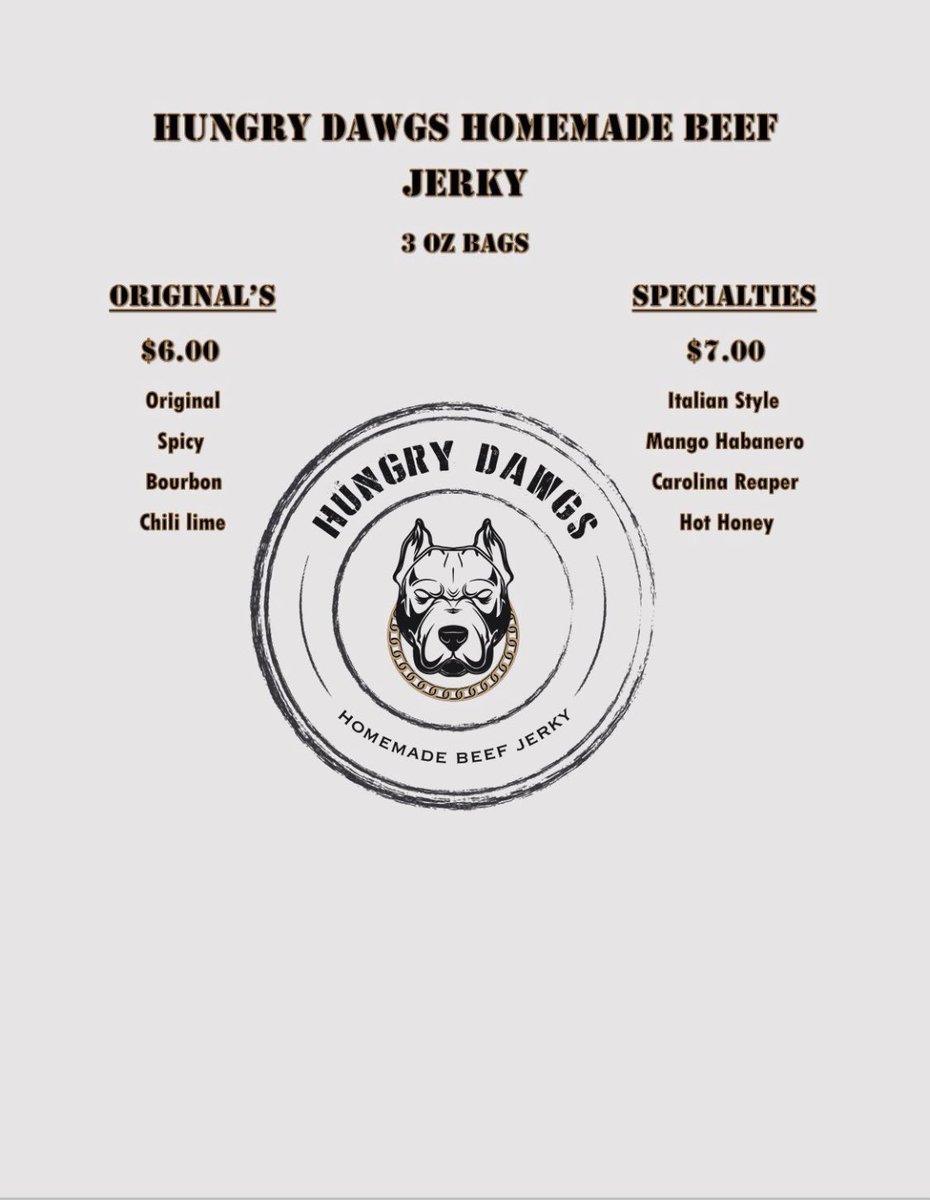 hungrydawgjerky's tweet photo. Hereโs our official menu!
๐ฉ Dm us for orders
#HungryDawgsJerky #Softmeat https://t.co/HJC3uE5HWQ