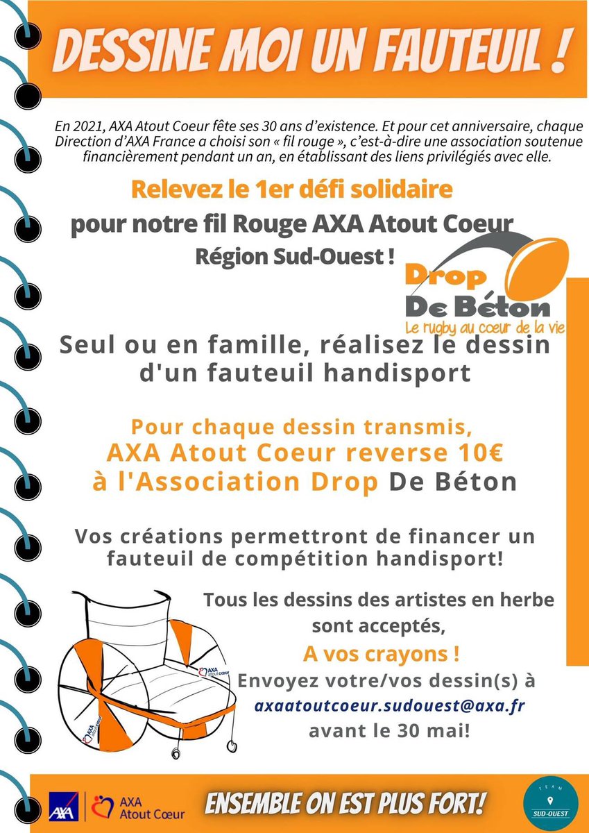 Annelise Duvignac (@a_duvignac) on Twitter photo Toujours heureuse de relayer les com’ solidaires d’#AXAAtoutCoeur et de la Team Sud-Ouest <a href="/AXAFrance/">AXA France</a>! Favoriser l’inclusion/la réussite des sportifs handi, on peut tous y contribuer en 1 dessin #AXA!🖍🏉💓 1 fauteuil handi de compèt pour @dropdebeton c’est ici!👇 Toujours heureuse de relayer les com’ solidaires d’#AXAAtoutCoeur et de la Team Sud-Ouest <a href="/AXAFrance/">AXA France</a>! Favoriser l’inclusion/la réussite des sportifs handi, on peut tous y contribuer en 1 dessin #AXA!🖍🏉💓 1 fauteuil handi de compèt pour @dropdebeton c’est ici!👇