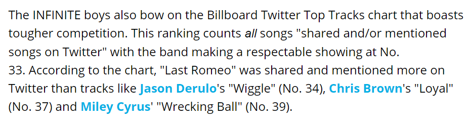 queenofjong's tweet photo. #인피니트 hit No 33 on Billboard twitter Top Tracks with Last Romeo, beating out Jason Derulo's Wiggle, Chris Brown's Loyal, and Miley Cyrus' Wrecking Ball. With this, they surpassed GG's https://t.co/FqzcbyNkg8 as the highest ranking Korean song (released in Korea) till then https://t.co/RhpZZJMBiR