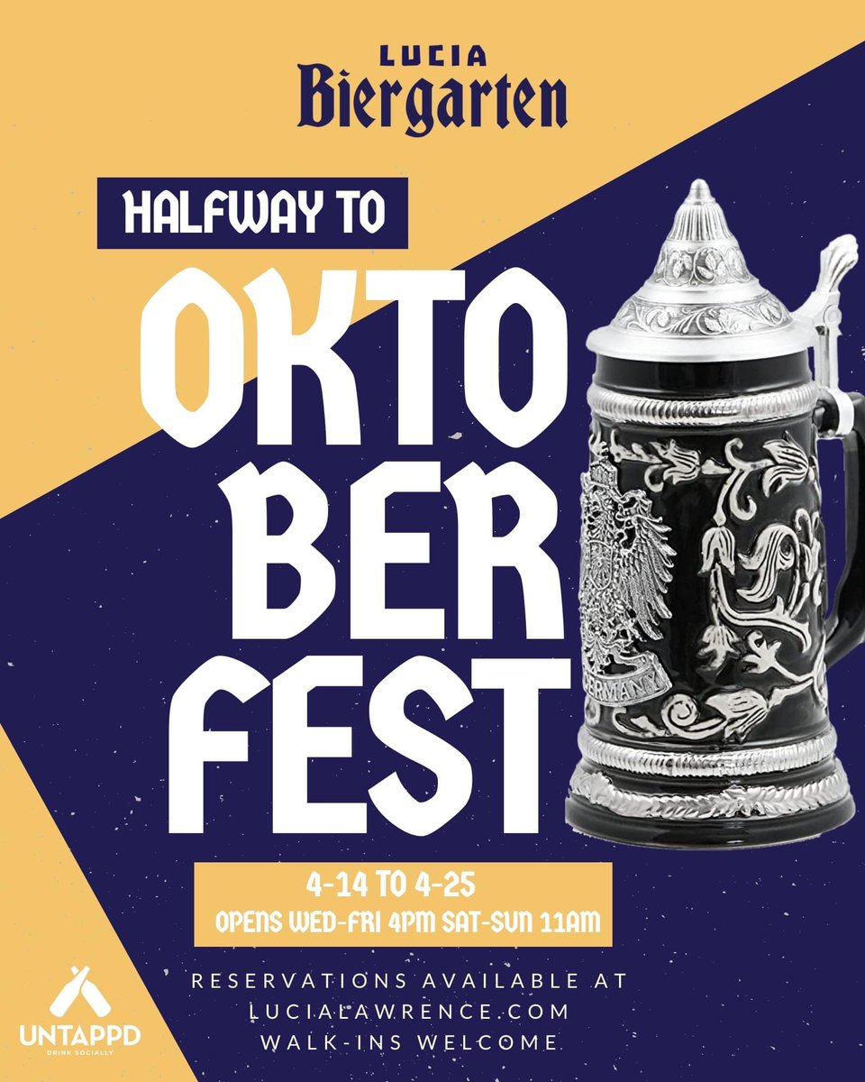 From Wednesday 4/14 through Sunday 4/25 Lucia Biergarten is celebrating Halfway to Oktoberfest! With rotating taps and 85 different beers available to try. Plus incredible Oktoberfest food from Chef and Smoker.

Reservations and Menus at lucialawrence.com