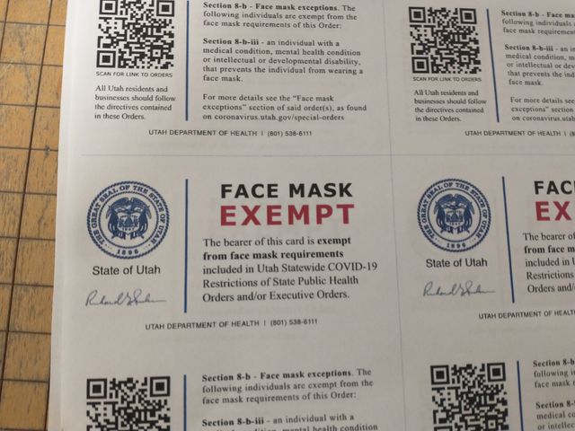 UtahDHHS's tweet image. FRAUD ALERT. We&apos;ve received reports of individuals reproducing and presenting these mask exemption cards with the state of Utah seal on them to businesses and schools. These are FAKE. The state of Utah, UDOH, and local health depts do NOT provide mask exemption cards. 1/2