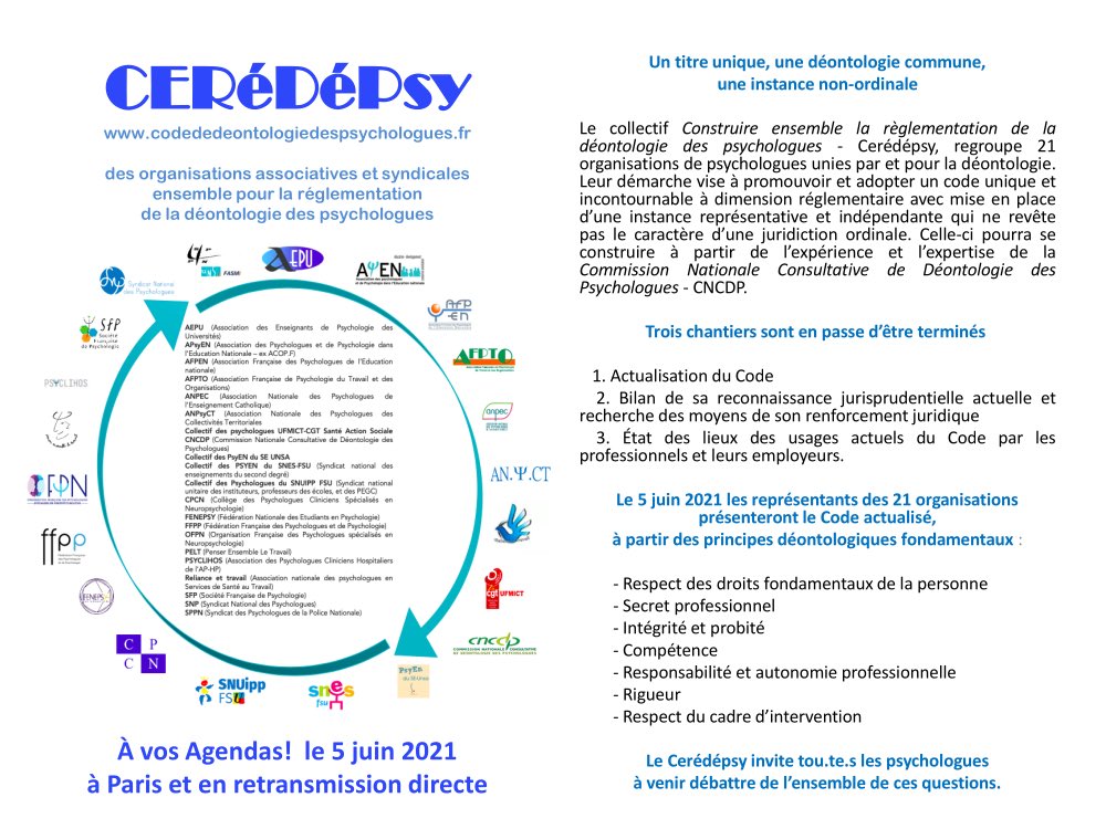 snpsychologues's tweet image. Le Cérédépsy : le travail commun de 21 organisations associatives et syndicales. #psy #psychologue #snp