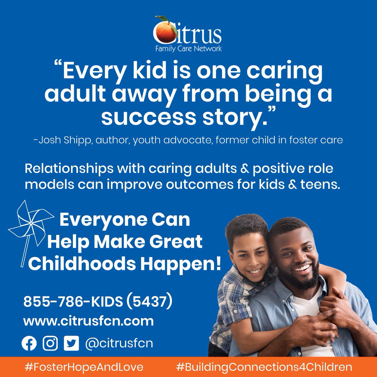 Positive relationships have the power to change lives and make #GreatChildhoods happen. 💙
#CAPMonth #pinwheelsforprevention 
#FosterHopeAndLove #BuildingConnections4Children #BeAConnection 
<a href="/MyFLFamilies/">Florida Department of Children and Families</a> <a href="/PCAFlorida/">Prevent Child Abuse Florida</a>