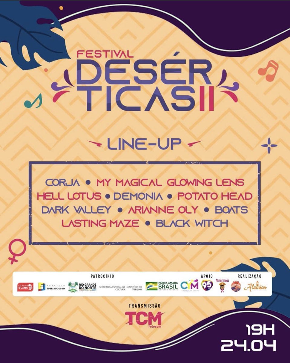HitsPerdidos's tweet photo. No dia 24 de abril, às 19h, terá início a 2a edição do Festival Desértica (Mossoró / RN).

Line Up: My Magical Glowing Lens (ES), Hell Lotus, Lasting Maze, Potato Head, Arianne Oly, Black Witch, BOATS, Corja (CE) e Dark Valley (RS).

Para assistir: https://t.co/3s4Ze2X2w2 https://t.co/B7XrKTthTv