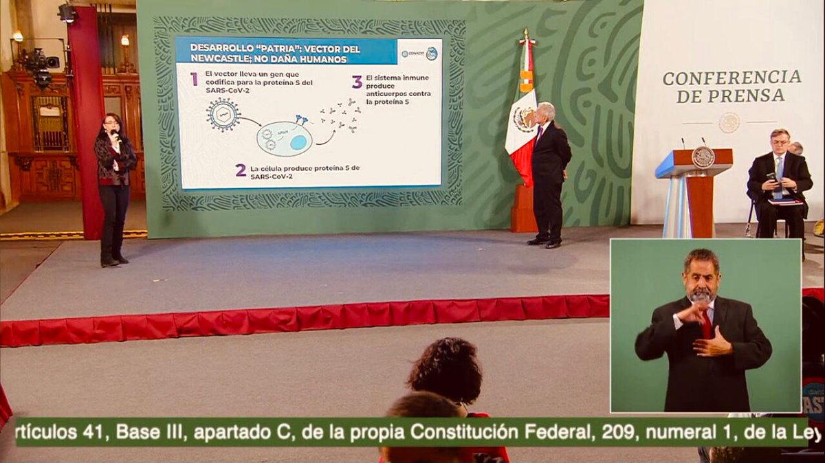 ElenaBuylla's tweet photo. Anuncié junto al Presidente @lopezobrador_ en #ConferenciaPresidente, los avances en el desarrollo de la vacuna "Patria" contra la #COVID19, acompañada del Dr. Bernardo Lozano, Director General de @AvimexLab, y el Dr. @ArturoReyesS_, Director General del @IPN_MX. https://t.co/eONVYROUty
