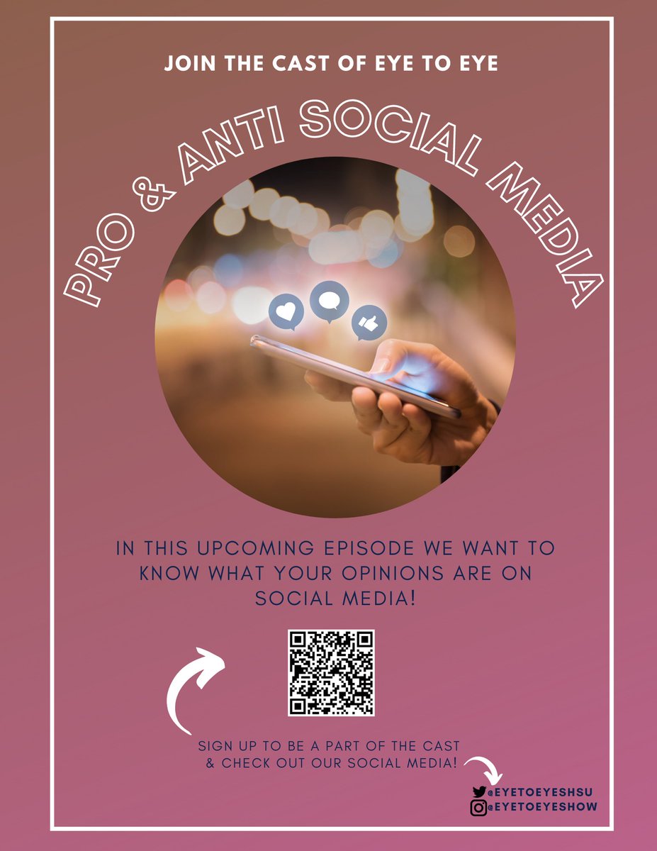 EyeToEyeSHSU's tweet photo. Filming for this episode takes place on Monday, April 19th! So sign up asap! https://t.co/4cAD2kSzkb