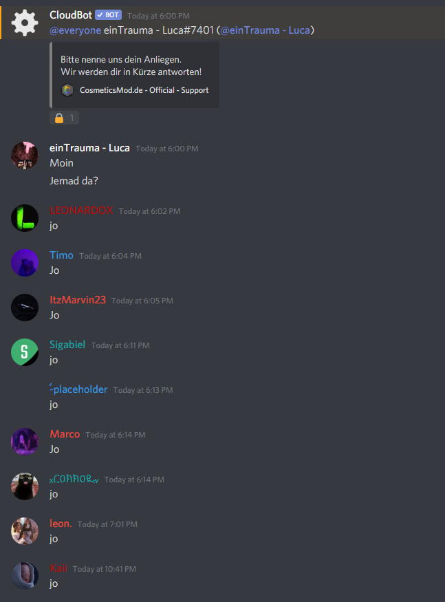 CosmeticsMod support on cosmeticsmod.de/discord be like... 👀

"Moin, anyone there?"