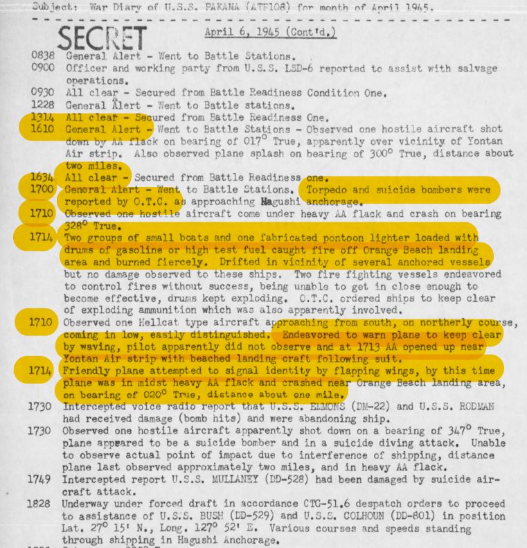 The events of 6 Apr 1945 also point out that there is a class of more...opportunistic...officers between the moral and go along to get along types. Such was the captain of the USS Pakana (ATF-108). Do you see what he did with his war diary below? Look at the dual entries19/