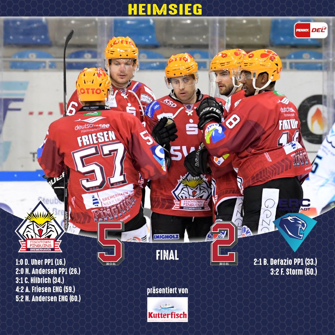FT_Pinguins's tweet photo. Pinguins schlagen den ERC Ingolstadt 5:2 und sichern sich den 2. Tabellenplatz in der Nordgruppe.
Das Endergebnis präsentiert Kutterfisch-Zentrale GmbH.
#WIRsindBHV https://t.co/fGifHXJ6lq