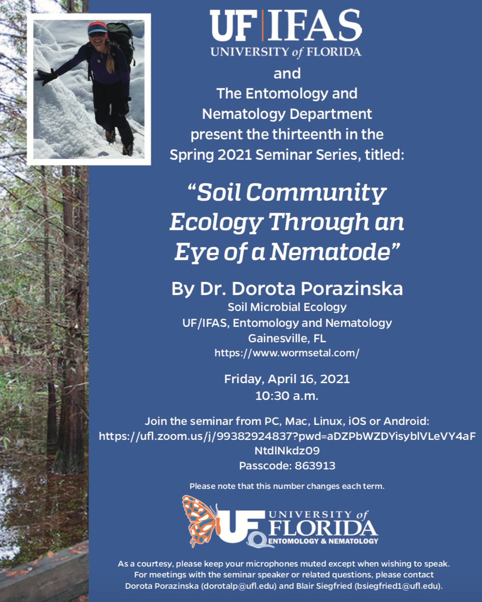 UFEntNem's tweet image. Join us this Friday for our last seminar of the spring semester. &quot;Soil Community Ecology Through an Eye of a Nematode” by Dr. Dorota Porazinska #UFBugs 

Friday, April 16 at 10:30 a.m.
Join on zoom! entnemdept.ufl.edu/seminar/