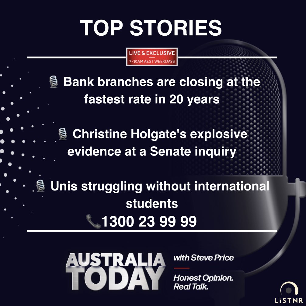 PodcastOne Australia (@podcastoneau) on Twitter photo #AustraliaToday is LIVE NOW on @listnrau.
Give <a href="/StevePriceMedia/">Steve Price</a> and <a href="/NatarshaBelling/">Natarsha Belling</a> a 📞 on 1300 23 99 99. #AustraliaToday is LIVE NOW on @listnrau.
Give <a href="/StevePriceMedia/">Steve Price</a> and <a href="/NatarshaBelling/">Natarsha Belling</a> a 📞 on 1300 23 99 99.