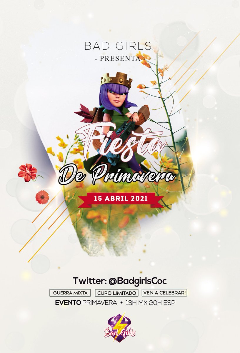 Fiesta de primavera B⚡G!!!!
💃💃💃🌼🌼🌼

Que mejor forma de celebrar la llegada de la primavera que con una fiesta llena de amigos clasher y #BadGirls 😍⚡⚡⚡

Quieres ser parte de este evento? 
Envía MD para verificar disponibilidad🎉🌼🌼🌼

Go B⚡G💜♥️✨🌼