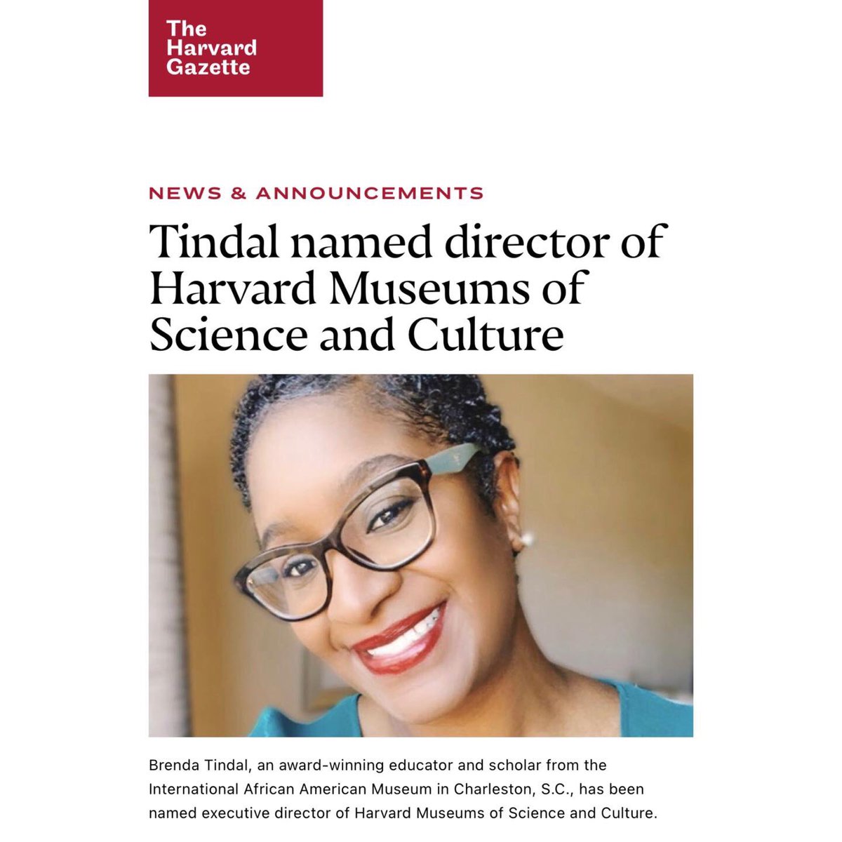 BlackMuseums's tweet photo. Please join us in congratulating our AAAM Board Member, Brenda Tindal, in her appointment as Director of Harvard Museums of Science and Culture!  

We are ecstatic for Brenda and her growth within the field. 

Full announcement here:
https://t.co/DcqAydhH1Y

#BlackMuseums https://t.co/sEv6DKxvyw