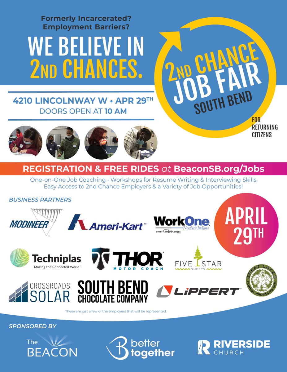 Join our friends at The Beacon on Thurs, 4/29 for their 2nd Chance Job Fair! They have 13 employers eager to offer job opportunities to those willing to re-enter the workforce &amp; move from underemployment to better employment. Doors open at 10 AM, located at 4210 Lincolnway West.
