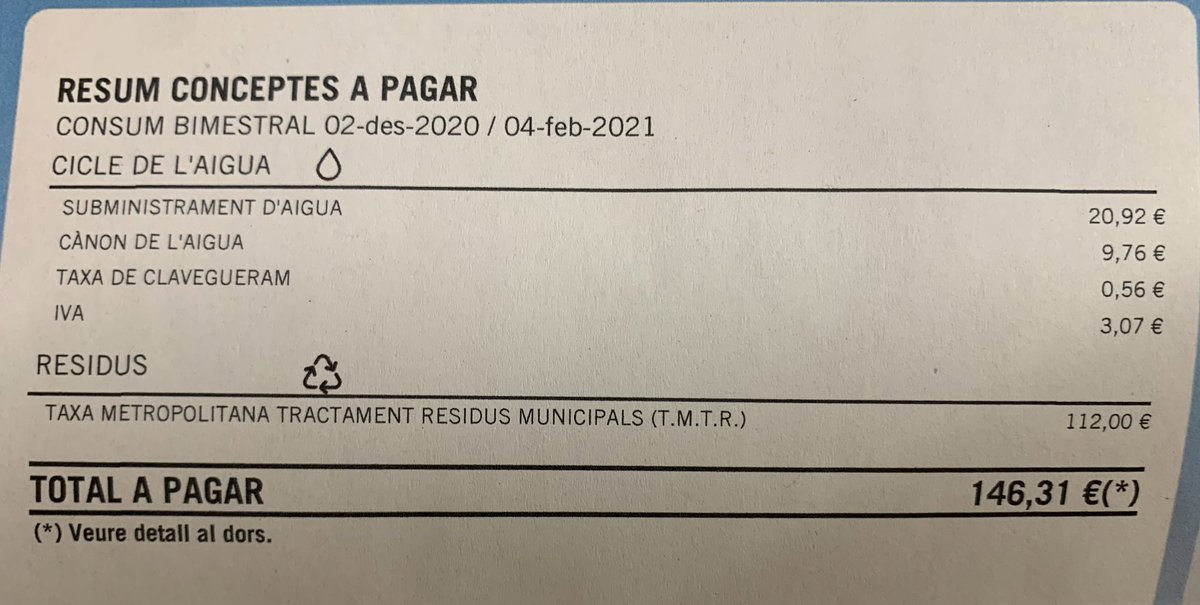 Factura d'aigua d'un petit negoci centenari al centre de Barcelona

20€ de consum... 112 EUROS de taxa metropolitana! CENT DOTZE 🤯

<a href="/AdaColau/">Ada Colau 💜🌈🔻</a> hauries de fugir també de l'Ajuntament

T'emplenes la boca donant suport al petit comerç, però a l'hora de la veritat ens destrosses