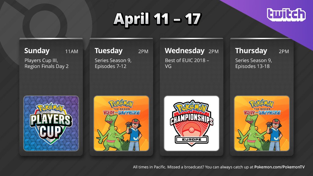 Prepare for your daily dose of Pokémon on Twitch! 

Tune in for more #PokemonTheSeries episodes on Tuesday and Thursday, plus the best highlights in #PokemonVG competition from EUIC! 

👉 Watch now: twitch.tv/pokemon