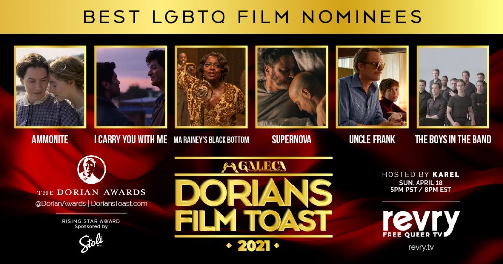 Best #LGBTQ Film? #DoriansFilmToast2021, Sunday 4/18, 5 PT/8 ET @Revrytv revry.tv
#AMMONITENATION
@AmmoniteMovie 
@icywm  
@sonyclassics
@MaRaineyFilm 
#Supernova
@bleeckerstfilms
#UncleFrank
@AmazonStudios 
#TheBoysInTheBand 
@NetflixFilm