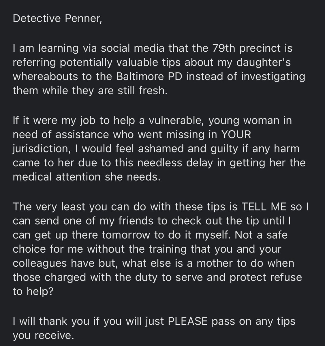 After hearing this yesterday, my girlfriend’s mom wrote an email to Det. Penner asking why this happened. We got a response from her this morning, directing us back to the Baltimore detective