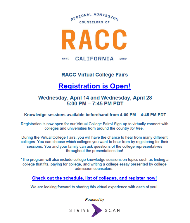 Covina High College and Career Center (@chs_colts_ccc) on Twitter photo Juniors! Take A Look At These Virtual College Fairs.
You will get a chance to hear from a ton of different universities all in one location. Sign up for the ones that interest you! strivescan.com/racc/ <a href="/ColtsCounseling/">Covina High Counseling</a> Juniors! Take A Look At These Virtual College Fairs.
You will get a chance to hear from a ton of different universities all in one location. Sign up for the ones that interest you! strivescan.com/racc/ <a href="/ColtsCounseling/">Covina High Counseling</a>