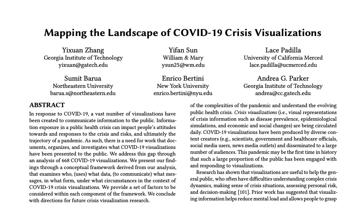 YZhang_Janice's tweet photo. We all have seen some sort of COVID-19 visualizations over the past year.  What are these visualization about? Why should we care about COVID-19 visualizations? Our #CHI2021 paper surveyed 668 COVID-19 vis to reveal the topics, the impact, and lessons learned from these vis. 1/ https://t.co/iuWIKAat7H