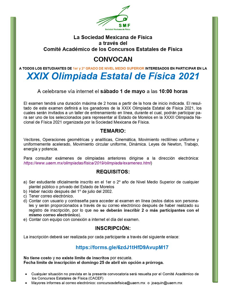 CInC_UAEM_'s tweet photo. CONVOCATORIA para la XXIX OLIMPIADA ESTATAL DE FÍSICA 2021 

Está dirigida a TODOS los estudiantes 1er y 2º de nivel medio superior.

FECHA LÍMITE DE INSCRIPCIÓN 25 de abril https://t.co/dVras9Xd7U