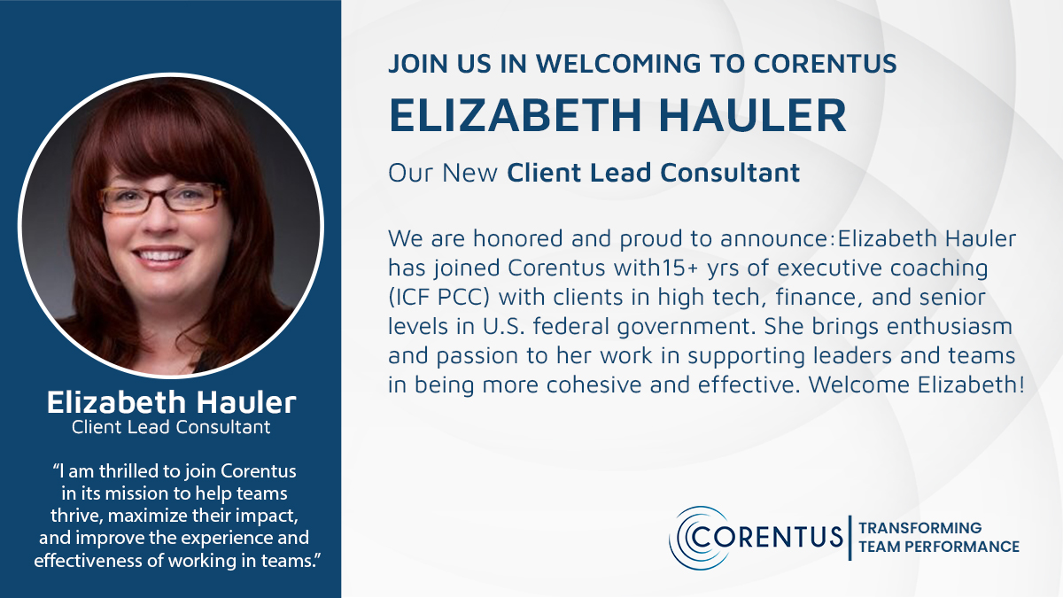 TeamCorentus's tweet image. Join us in welcoming Elizabeth Hauler, JD, PCC to Corentus. She will be leading client engagements in team effectiveness and she is on faculty of our Essentials of Teaming Course,  looking to increase team effectiveness.
lnkd.in/dTNu59w
#teamcoaching #teameffectiveness
