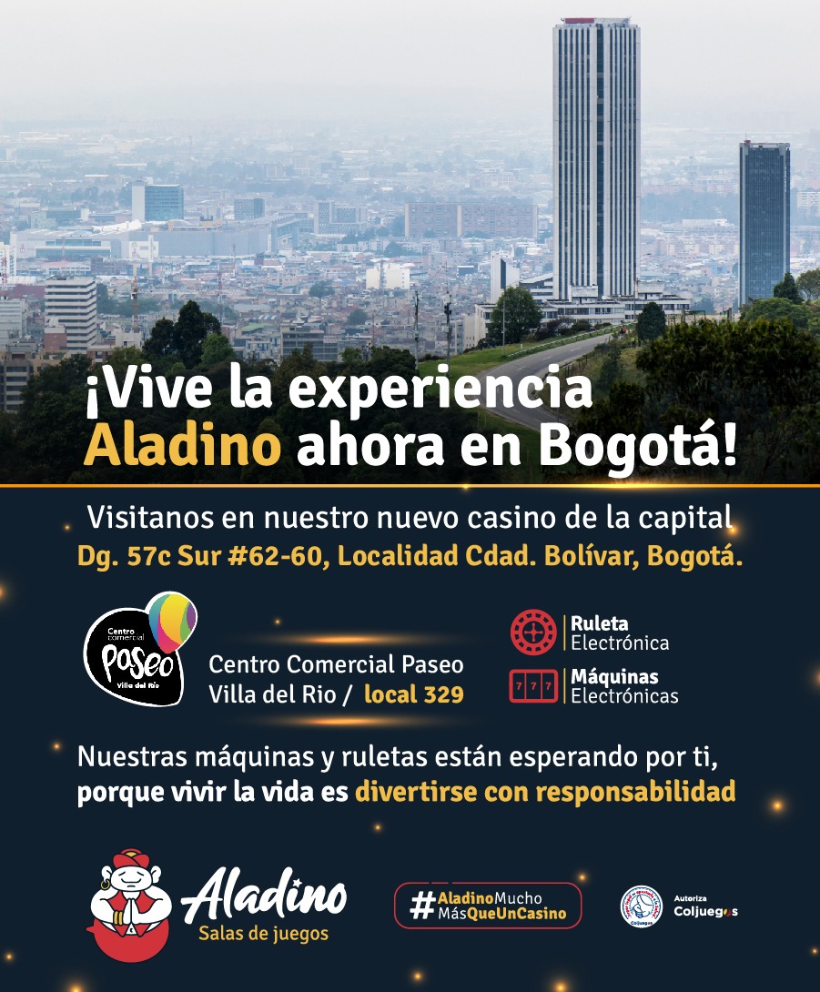 ¡Bogotá la diversión espera por ti! 
Ven y conoce nuestro nuevo #casino en la DG. 57c Sur #62-60, @paseovilladelriocc en la Localidad de Ciudad Bolívar.
 #RuletaElectronica, #MáquinasDeJuegos y mucho más.
¡Te esperamos!
#AladinoMuchoMásQueUnCasino #AquíJuegoLega