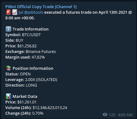 pi_bot1's tweet photo. Not in the #PIB Vault? No worries, try our #CopyTrading and let PIB make the trades for you! Simple monthly subscription and sit back and watch. #PIB makes trading simple and stress-free

Join our Telegram: https://t.co/2DnX2GMFvp
#cryptocurrencies #DeFi #passiveincome $BTC #BTC https://t.co/4lwl4nxi2n