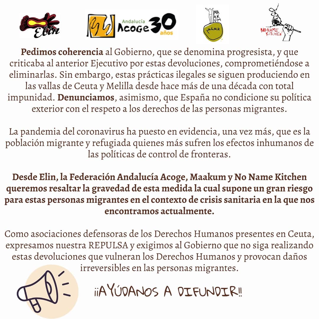 BozaSur's tweet photo. 📢 Una vez más, la Frontera Sur vuelve a ser un espacio de no derecho para las personas que migran

DENUNCIAMOS la devolución en caliente a, al menos, un joven subsahariano esta mañana en el perímetro fronterizo de Ceuta. ❌

📲 Ayuda a difundir el comunicado https://t.co/0TKk58jQBs