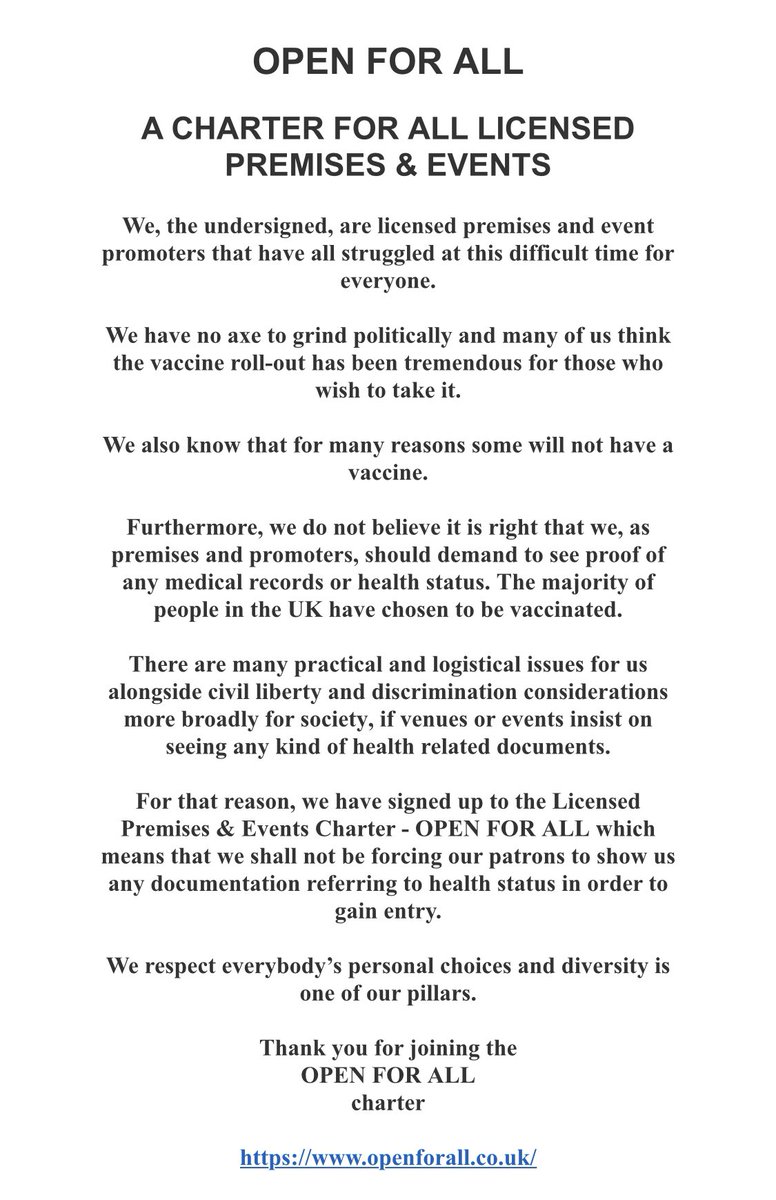 #OpenForAll against Vaccine passports 

openforall.Co.uk