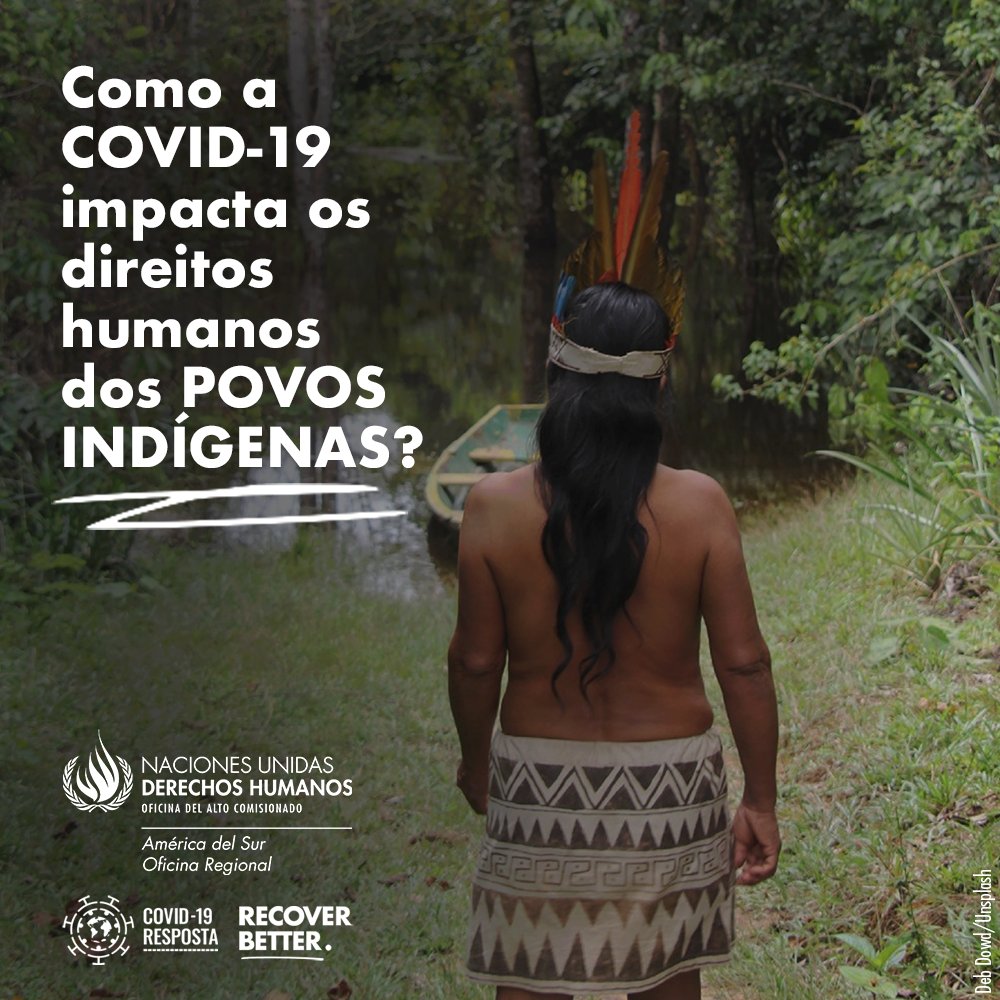 Pessoa indígena olhando para uma floresta. Em texto, a frase "Como a COVID-19 impacta os direitos humanos dos POVOS INDÍGENAS?. Imagem referencial.