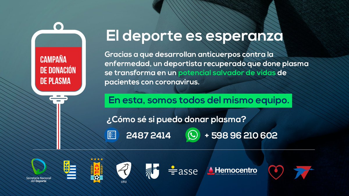 UyDeporte's tweet photo. En esta, somos todos del mismo equipo 🤝
¡Sumate! Si sos un paciente recuperado de COVID-19 podés donar plasma y convertirte en un potencial salvador de vidas.
#SeProtagonistaDonaPlasma https://t.co/IPrQkJVyIk