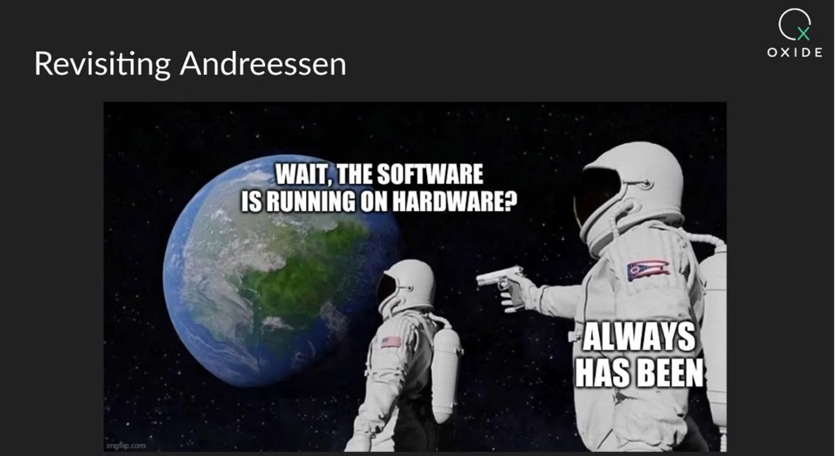 mjrzasa's tweet image. Bryan Cantrill on the importance of both software and hardware. And about the fact that software-centric approach to innovation may be arrogant. Live at #RailsConf2021.
Being #Ruby dev one can easily forget that there is any hardware below  the nice language abstractions ;-).