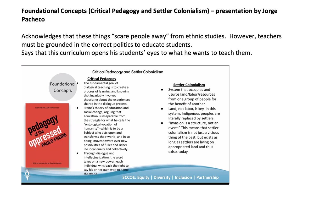 The language in the presentation is pure Marxist conflict theory—oppressor-oppressed, praxis, synthesis. Pacheco acknowledged that the Marxist underpinnings "scare people away," but insisted that teachers must be "grounded in the correct politics to educate students."