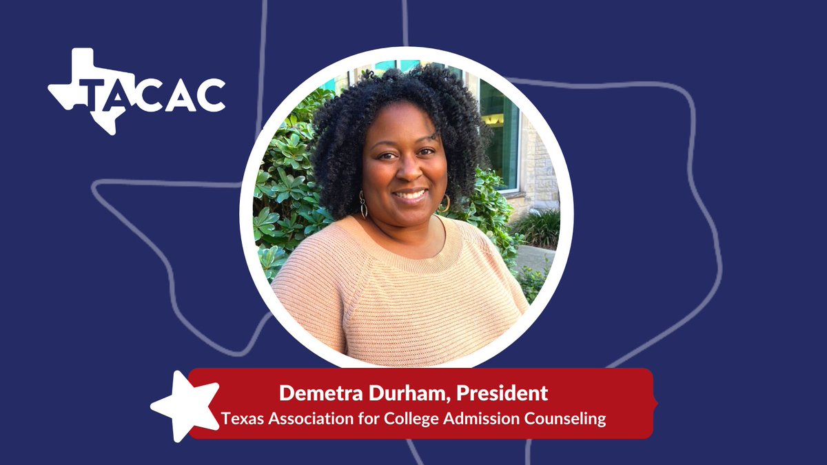 TexasACAC's tweet image. TACAC is excited to announce the passing of the gavel to President Demetra Durham, College and Career Coordinator at L. V. Berkner High School in Richardson, TX.

Read Demetra&apos;s message to TACAC membership here: tacac.org/presidents-page