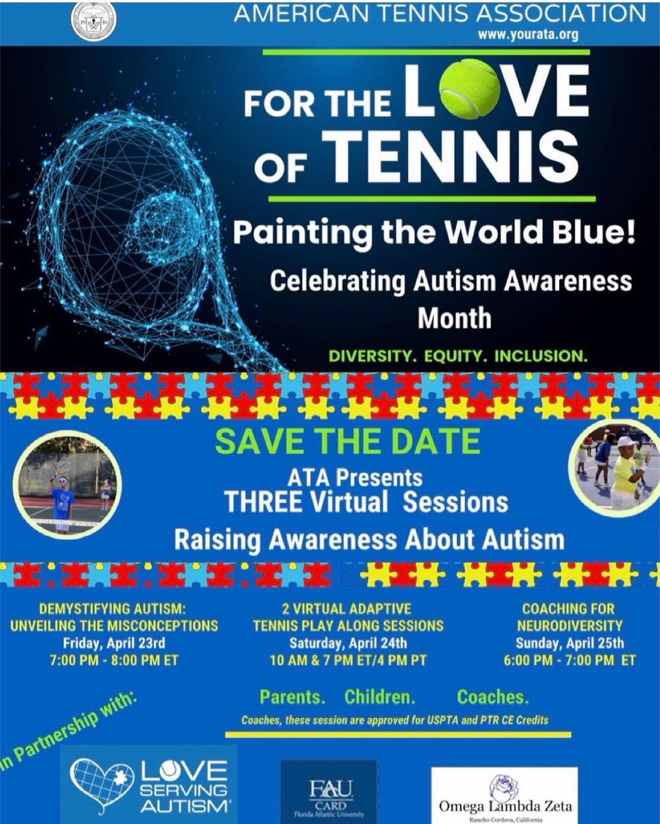 USPTA tennis professionals are welcome to join a free educational and coaching webinar series celebrating Autism Awareness Month! CE Credits are provided. 
yourata.org/love-serving-a…

<a href="/OfficialATA1916/">AmericanTennisAssociation</a> <a href="/LSAAutismTennis/">Love Serving Autism</a> @USPTA_Tennis #neurodiversity #education