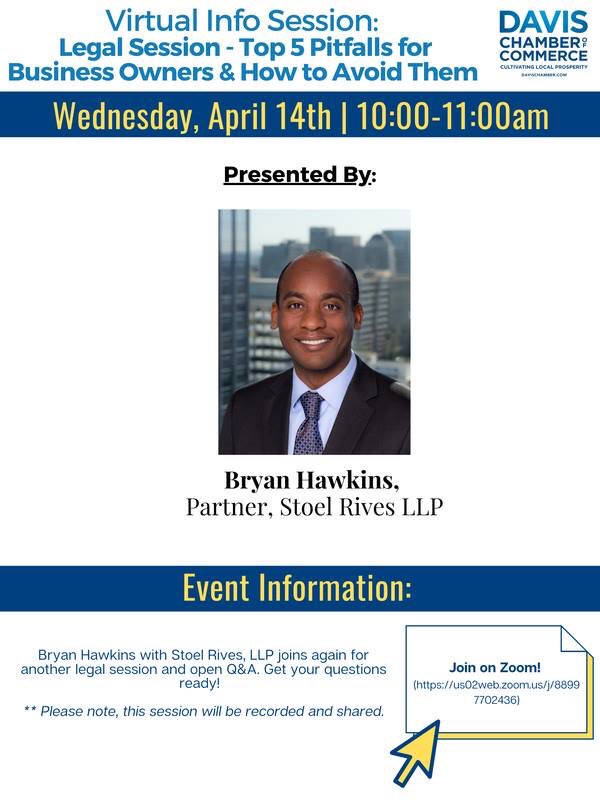 📣Attention business owners! Join us tomorrow for our 💻Virtual Information Session with Bryan Hawkins of Stoel Rives, LLP to learn about the "Top 5 Pitfalls for Business Owners &amp; How to Avoid Them." 

🔹Free to attend
🔸Login via Zoom
🔹 Check our Facebook for more details!