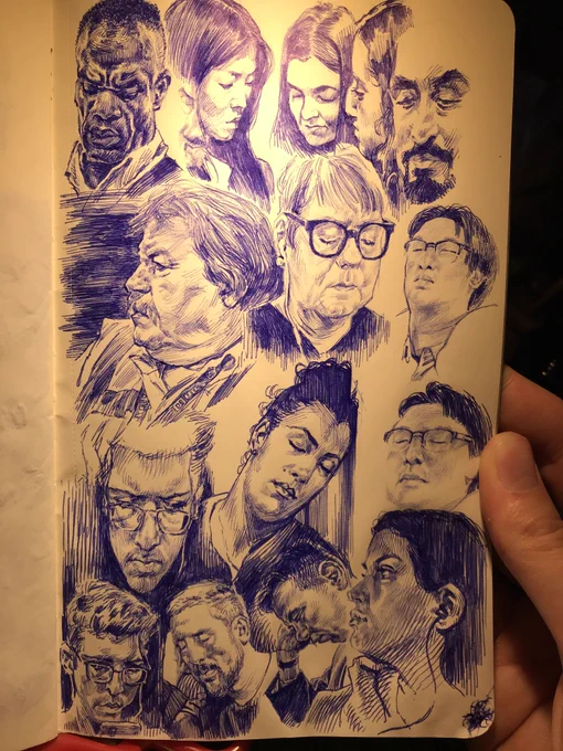 I really miss sketching unknown people unnoticed on the way to work every day while commuting on the train for half an hour. I really do. some pages from my #Theysleep sketchbooks done with a #ballpen. ✍️? 