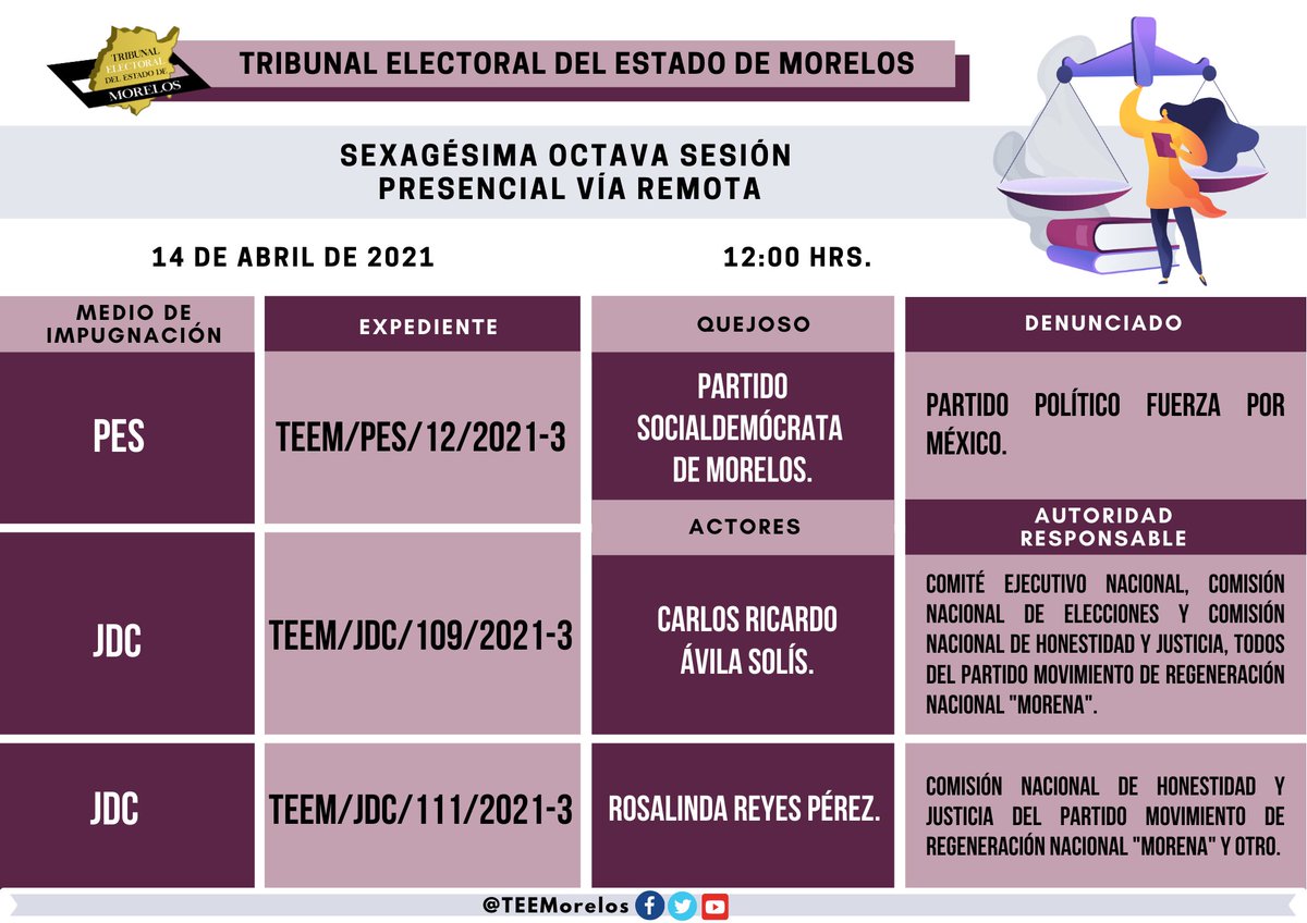 TEEMorelos's tweet image. 📣#AvisoComplementario | Se hace del conocimiento público que, en la #SesiónPresencialVíaRemota convocada para las 12:00 Hrs. del día 14 de abril de 2021, serán objeto de resolución, dado su urgencia, los siguientes asuntos: