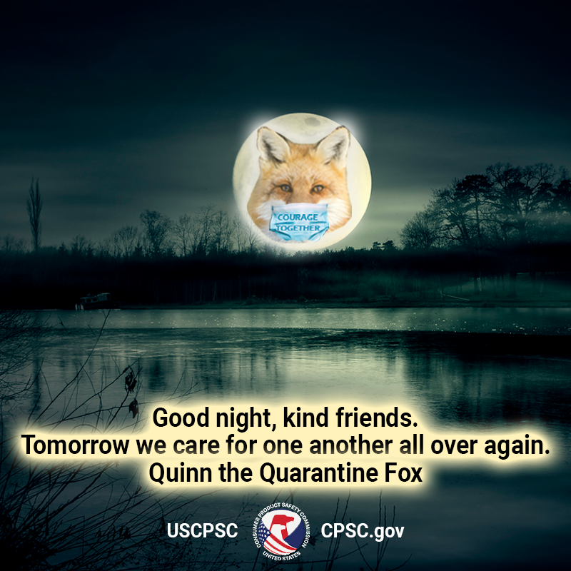 A fox in the moon over a lake. The fox is wearing a mask that says, "courage together". The text reads: Good night, kind friends. Tomorrow we care for one another all over again. Quinn the Quarantine Fox.