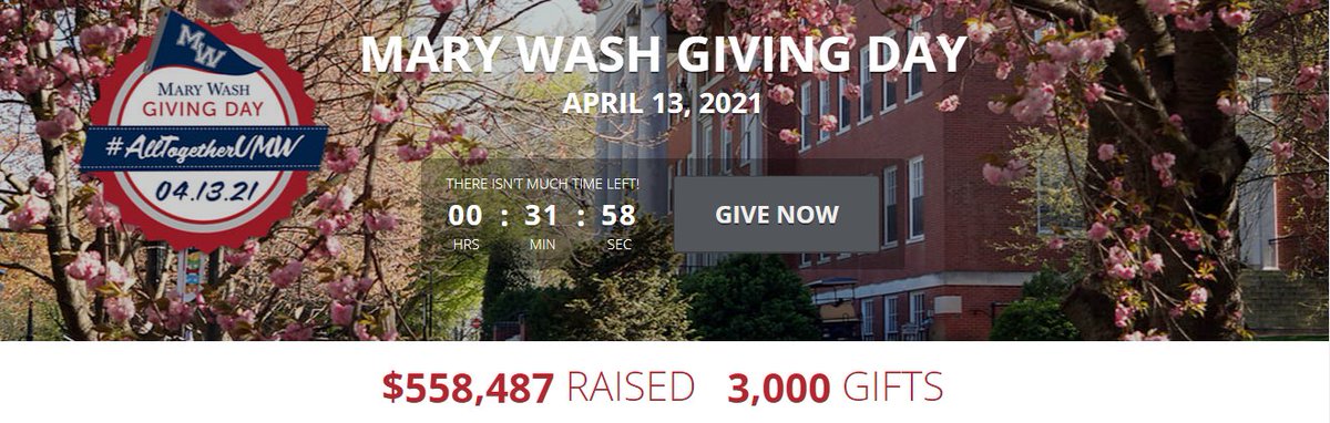 UMWAlumni's tweet photo. We did it!!!!!!! And with 33 minutes to spare.... THANK YOU, alumni and parents and faculty and staff, for joining #AllTogetherUMW and supporting Mary Wash. 💙 https://t.co/8P14JKLHA7