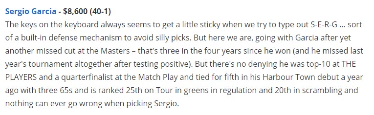 Sergio Garcia is a @RotoWire value pick for RBC Heritage games on @DraftKings. What could possibly go wrong? We kid, we kid -- who doesn't love Sergio?
https://t.co/OJdRjcftqP https://t.co/N2CzpfUSH8