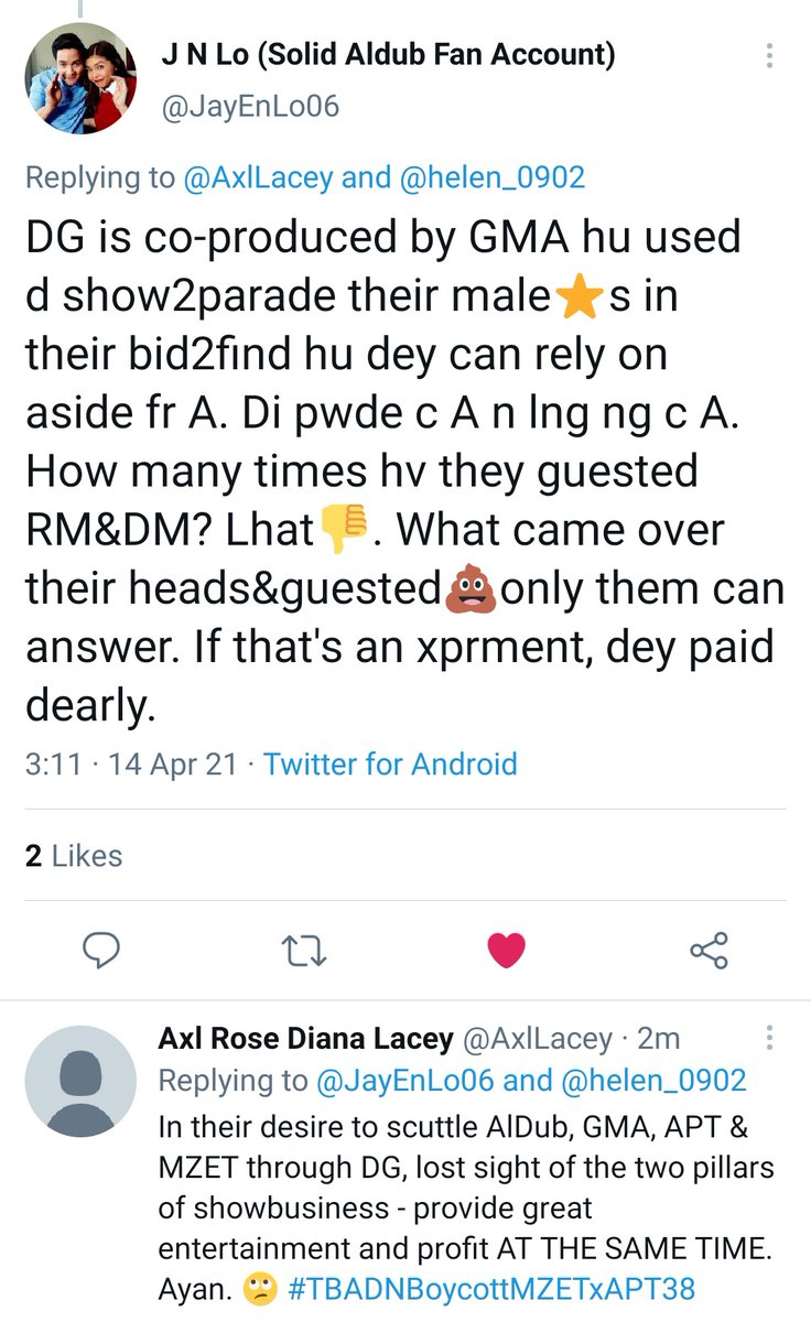 Good morning TBADNs & like-minded AlDub fans. I'll start with a lesson that the 70-year-old GMA7 & 40-year-old APT/TAPE/MZET/EB gang may have missed: Showbusiness is providing great entertainment and profiting, together. If you miss 1, you're gonna lose.  #TBADNBoycottMZETxAPT38