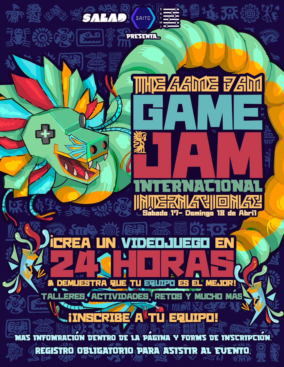 saladmty's tweet photo. SAITC, SALAD y SAIMI se sienten emocionados de extenderles la invitación a nuestro primer Game Jam Internacional.

Página con información general del evento: https://t.co/xbp7XLwqQ8 

Registro: https://t.co/3jLP6aQfsS

Registro a talleres: https://t.co/6vSCjsCpvu https://t.co/QxhZfXUQqN