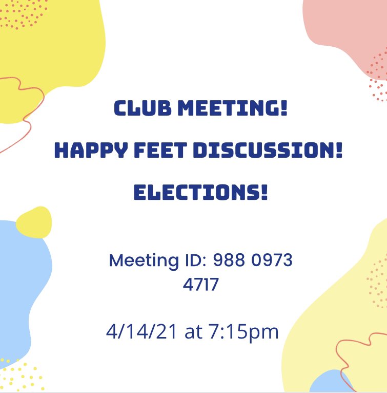 ‼️TOMORROW at 7:15pm‼️ We have a club meeting tomorrow along with elections! After the elections will be the Happy Feet discussion! The meeting ID is: 988 0973 4717 🍎📚<a href="/ESUCollegeofEd/">College of Education</a> <a href="/ESUniversity/">East Stroudsburg University</a> <a href="/langanb/">langanb</a> <a href="/ginarscala/">Gina R. Scala</a> <a href="/MichelleLaBadi6/">Michelle LaBadie</a> <a href="/PACECSPED/">Pennsylvania Council for Exceptional Children</a> <a href="/CECMembership/">Council for Exceptional Children</a>