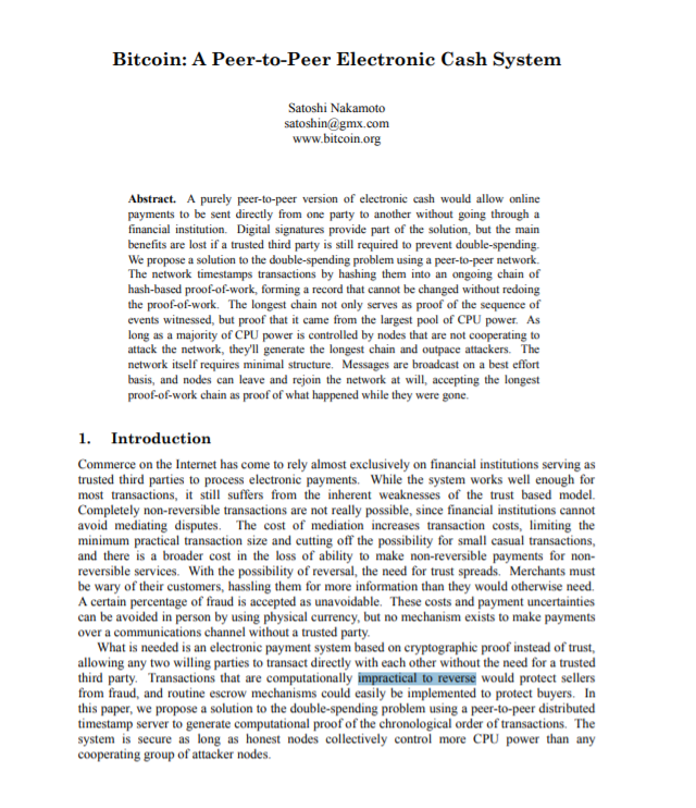 Satoshi talked about "computationally impractical to reverse" in the  #bitcoin   whitepaper; the marketing spinmasters gave us "immutable," which stinks. I hate it when it shows up in statutes and in rules, even in a more benign form. /30