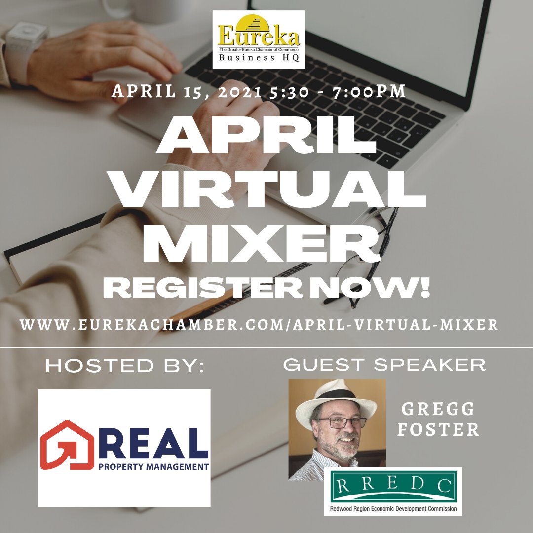ChamberEureka's tweet photo. Eureka Chamber Members and those interested in joining the chamber are invited to the April Virtual Mixer! Thursday, April 15, 2021 from 05:30-7:00pm.
Visit our website to find out more and register - https://t.co/041QH5kWry
#eurekachamber #virtualmixer #aprilmixer #realproperty https://t.co/csuC7ZSvEo